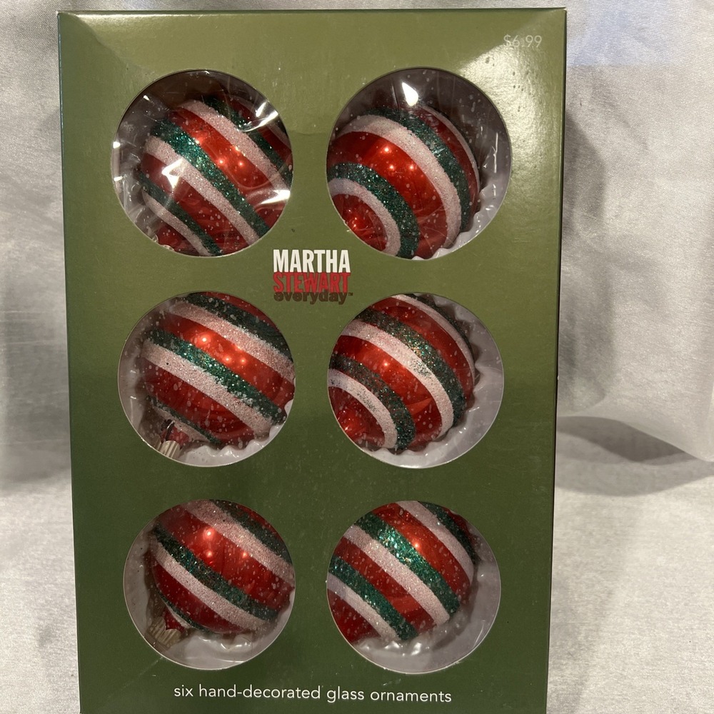 2003‎ Vintage Martha Stewart 6 Hand Decorated Glass Christmas Ornaments Glitter